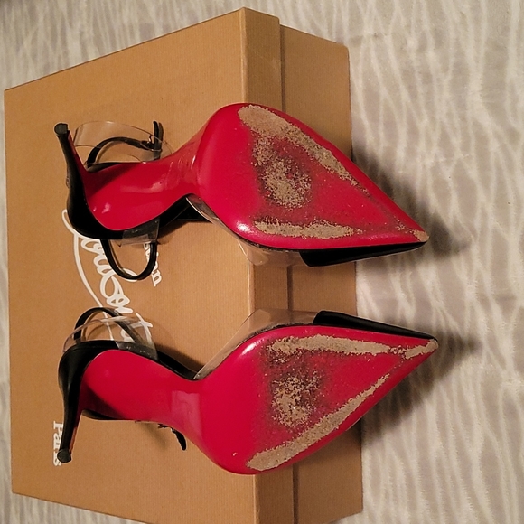 Christian Louboutin Nosy Spikes 100 KID/PVC VERS BLACK/GOLD/ROSE size 38 - Picture 6 of 7